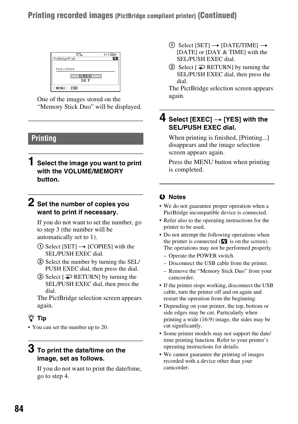 Printing recorded images, Continued), Printing | Sony HDR-FX7 User Manual | Page 84 / 131