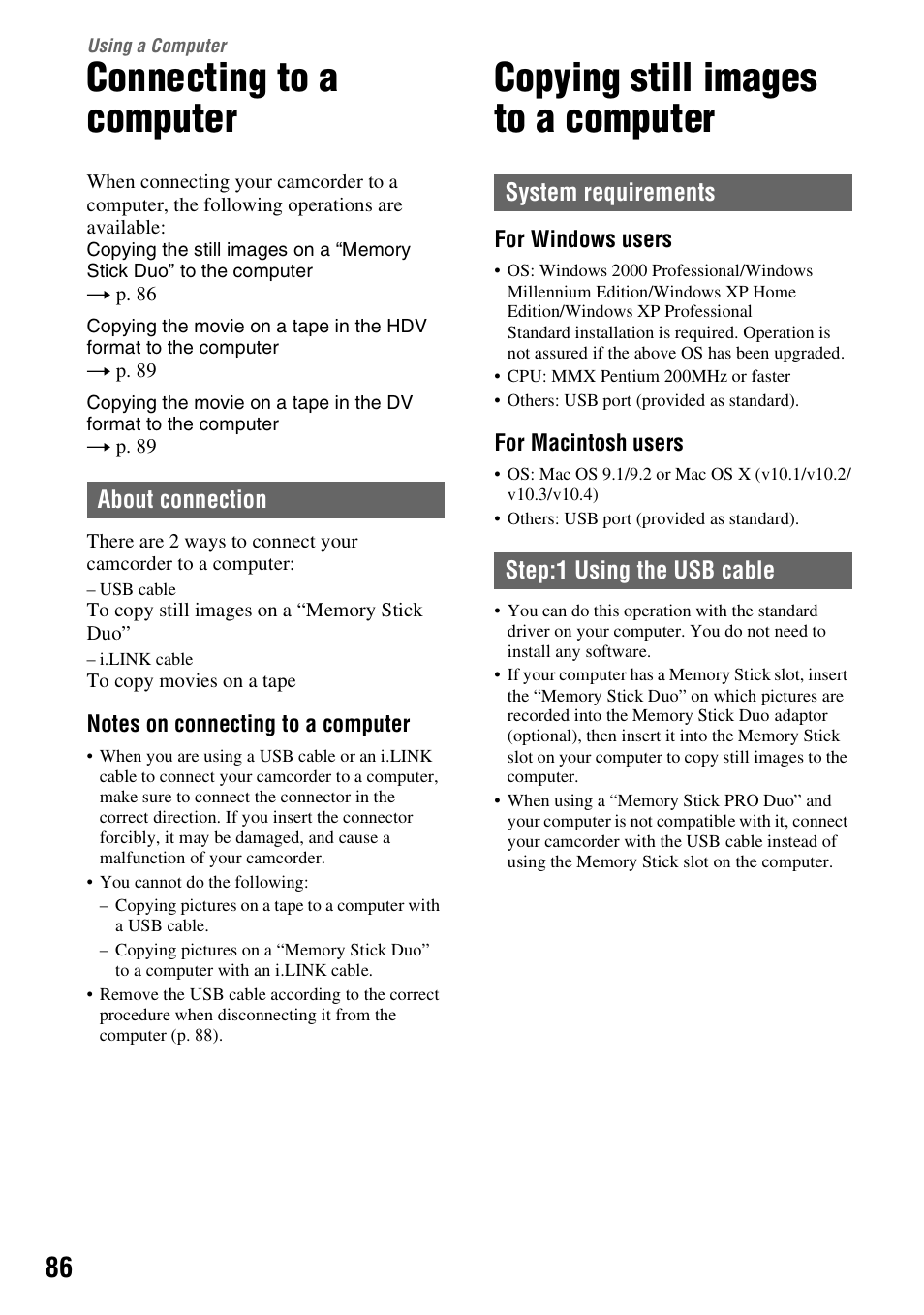 Using a computer, Connecting to a computer, Copying still images to a computer | P. 86), P. 86). y | Sony HDR-FX7 User Manual | Page 86 / 131