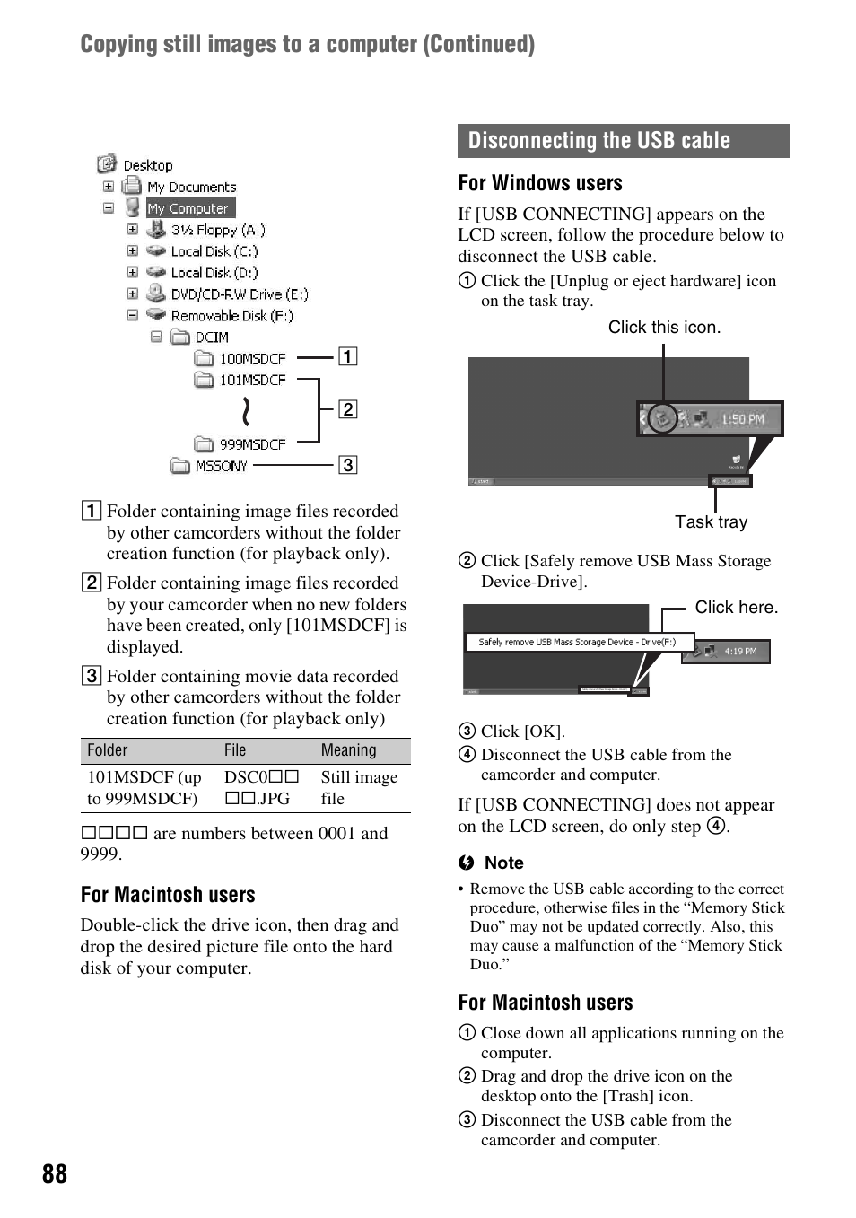 P. 88), Copying still images to a computer (continued), Disconnecting the usb cable | Sony HDR-FX7 User Manual | Page 88 / 131