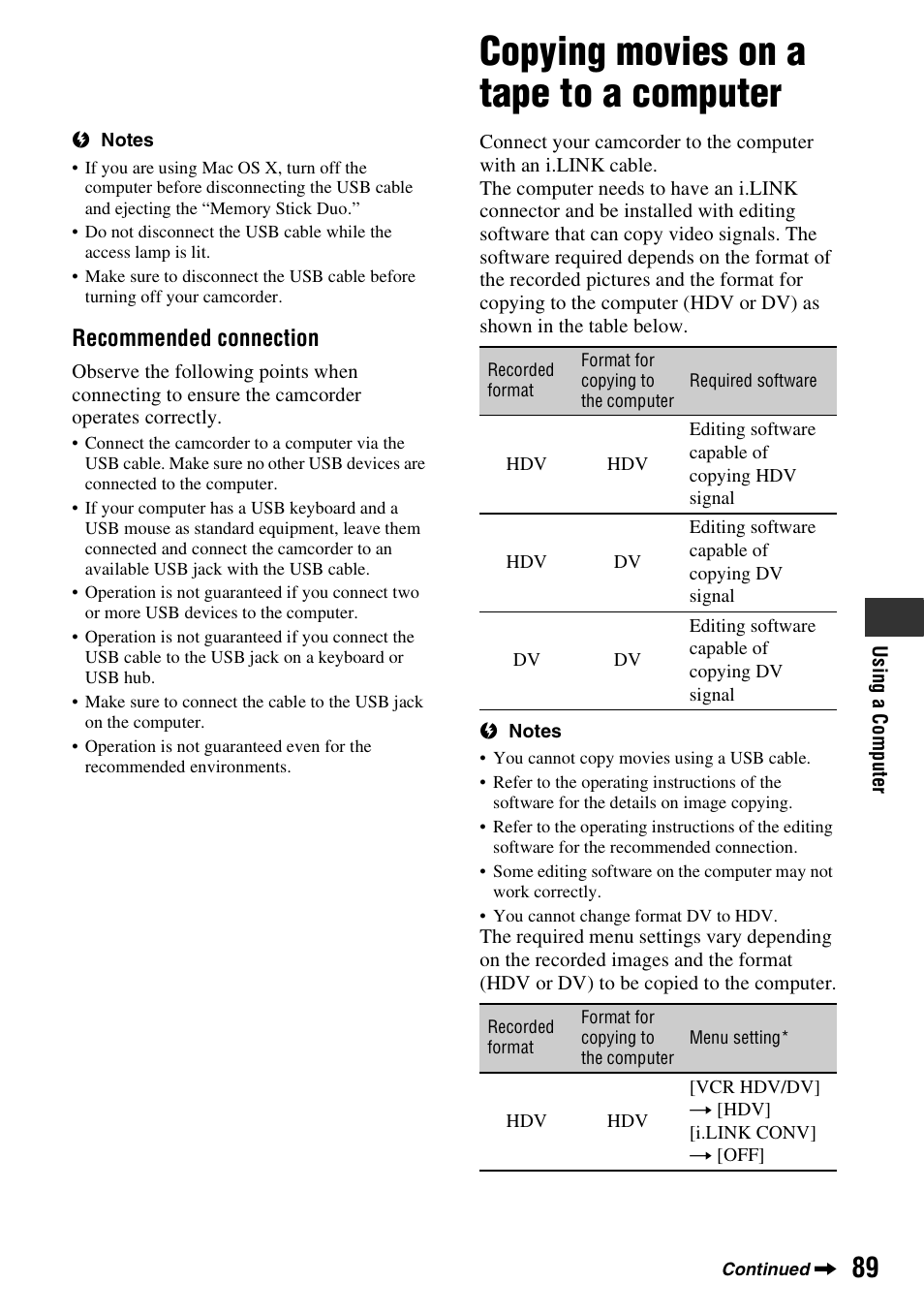 Copying movies on a tape to a computer, P. 89, Recommended connection | Sony HDR-FX7 User Manual | Page 89 / 131