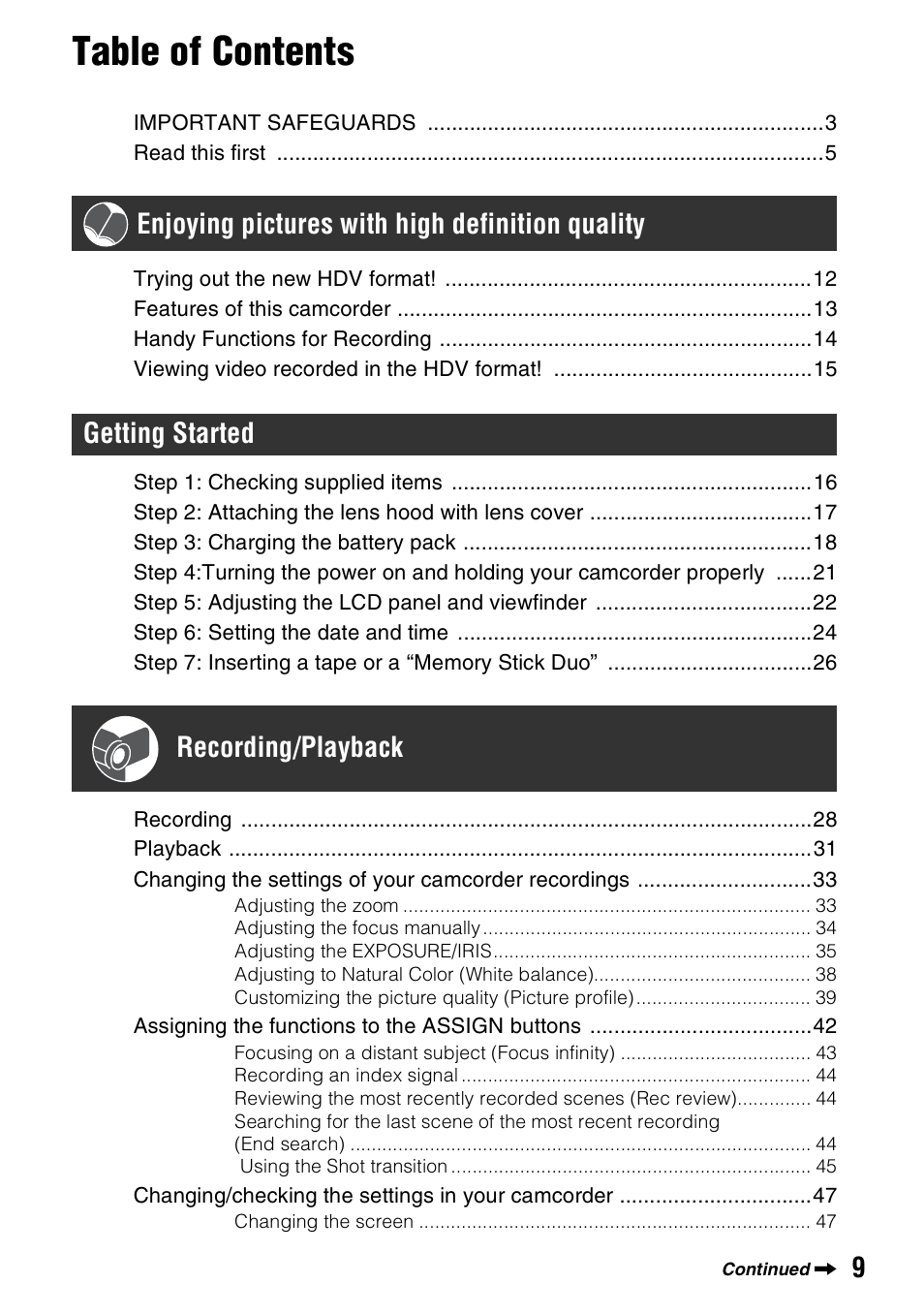 Sony HDR-FX7 User Manual | Page 9 / 131