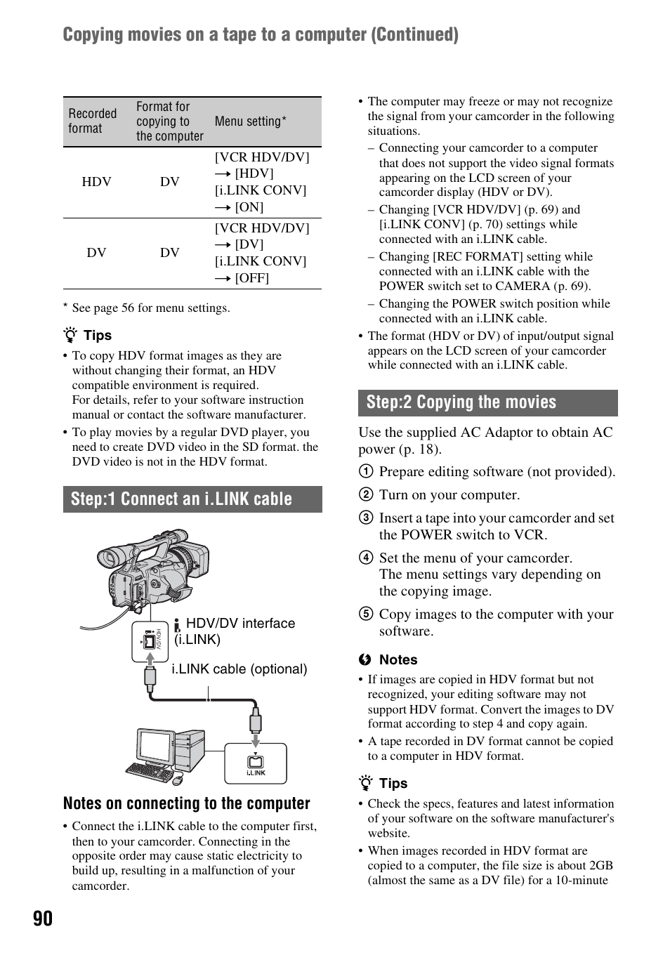 Copying movies on a tape to a computer (continued), Step:1 connect an i.link cable, Step:2 copying the movies | Sony HDR-FX7 User Manual | Page 90 / 131