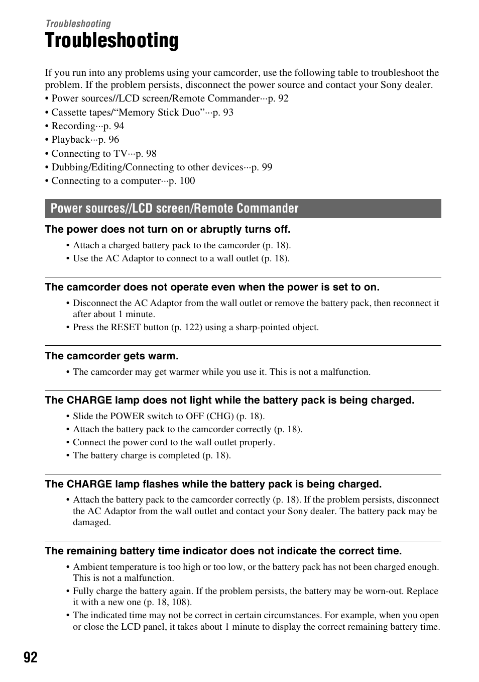 Troubleshooting | Sony HDR-FX7 User Manual | Page 92 / 131