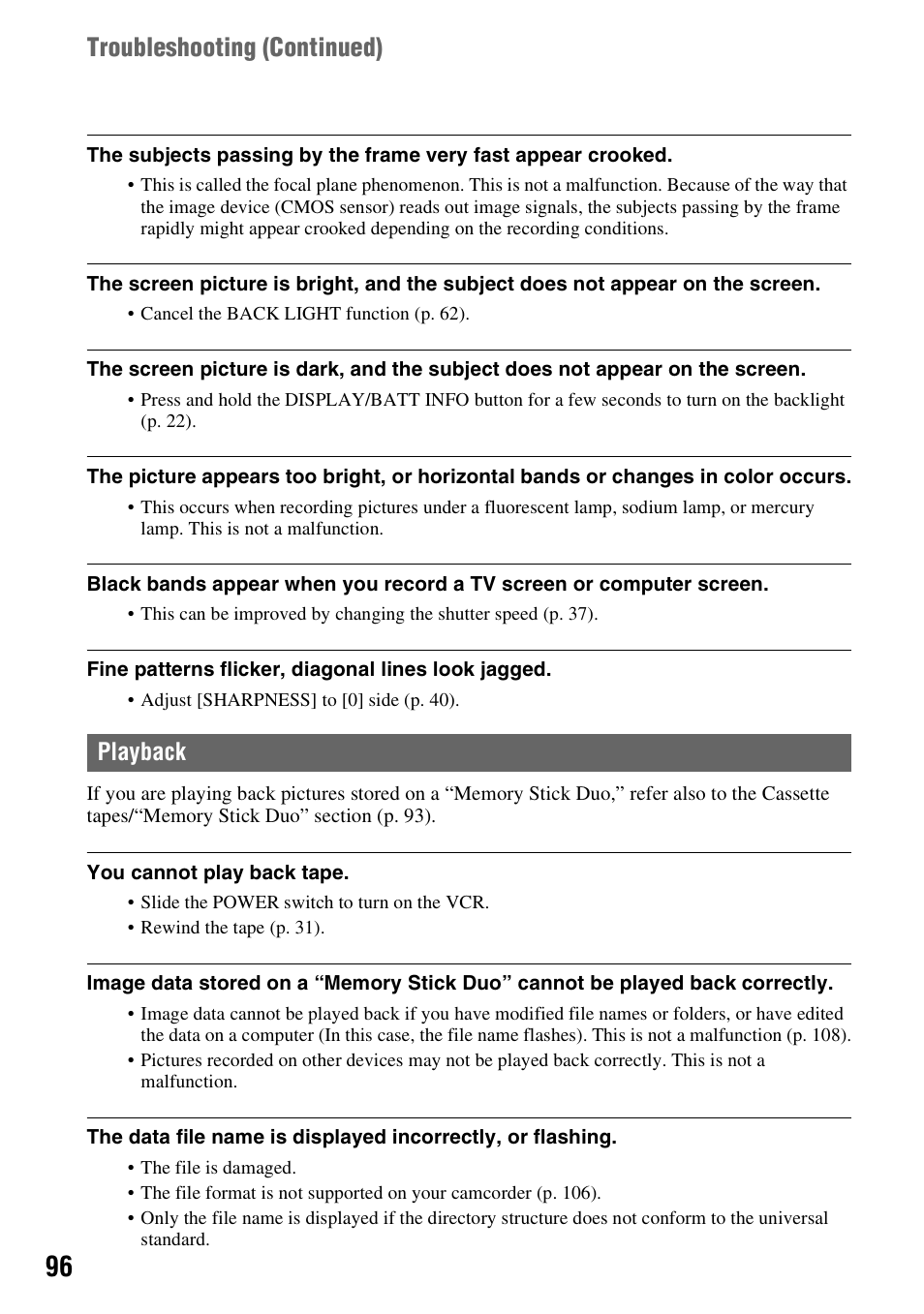 P. 96, Troubleshooting (continued), Playback | Sony HDR-FX7 User Manual | Page 96 / 131
