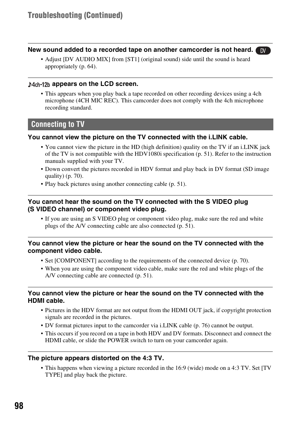 P. 98, Troubleshooting (continued), Connecting to tv | Sony HDR-FX7 User Manual | Page 98 / 131