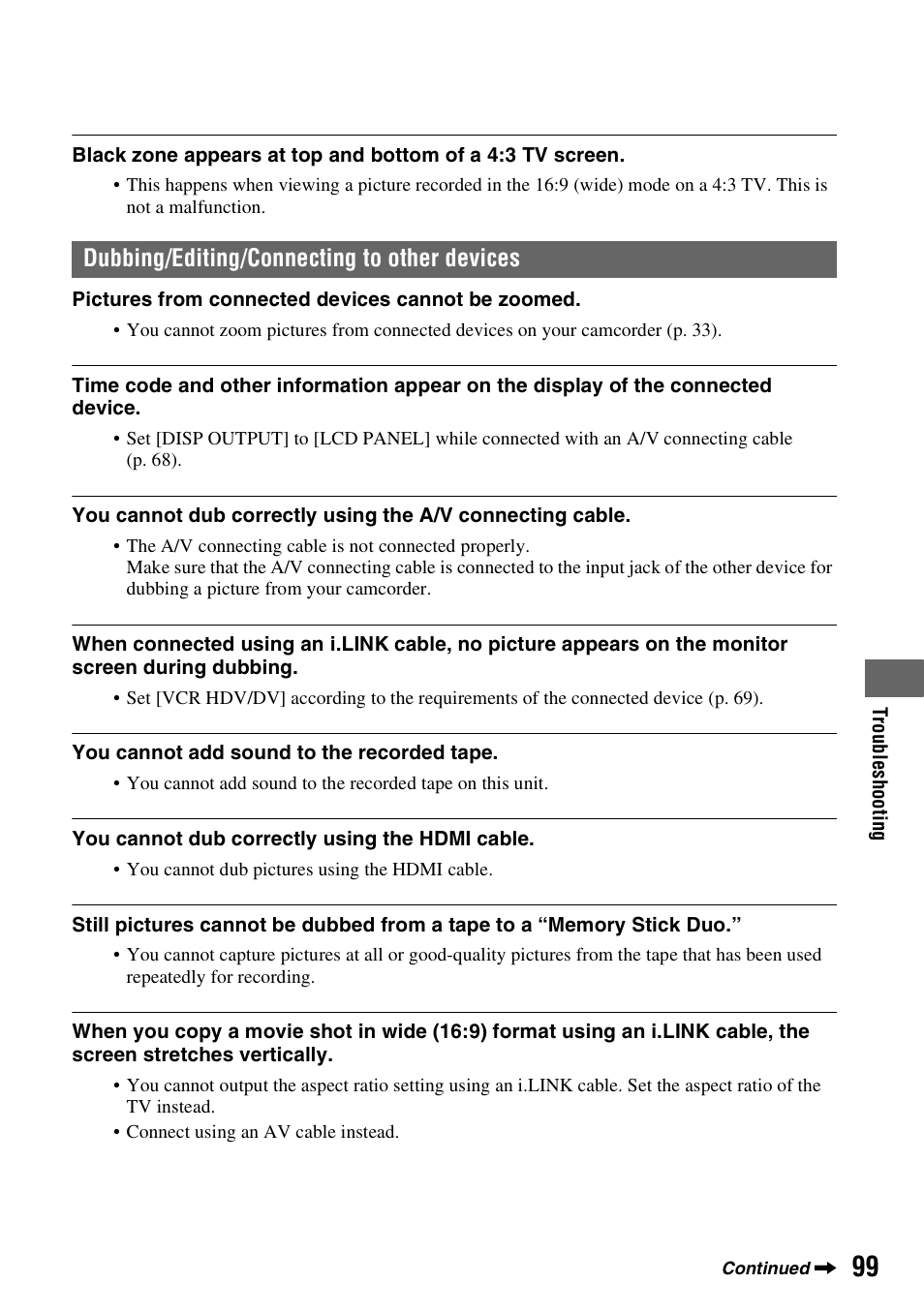 P. 99, Dubbing/editing/connecting to other devices | Sony HDR-FX7 User Manual | Page 99 / 131