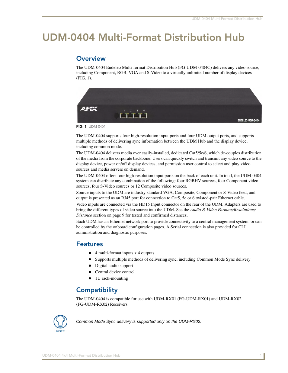 Udm-0404 multi-format distribution hub, Overview, Features | Compatibility | AMX UDM-0404 User Manual | Page 13 / 106