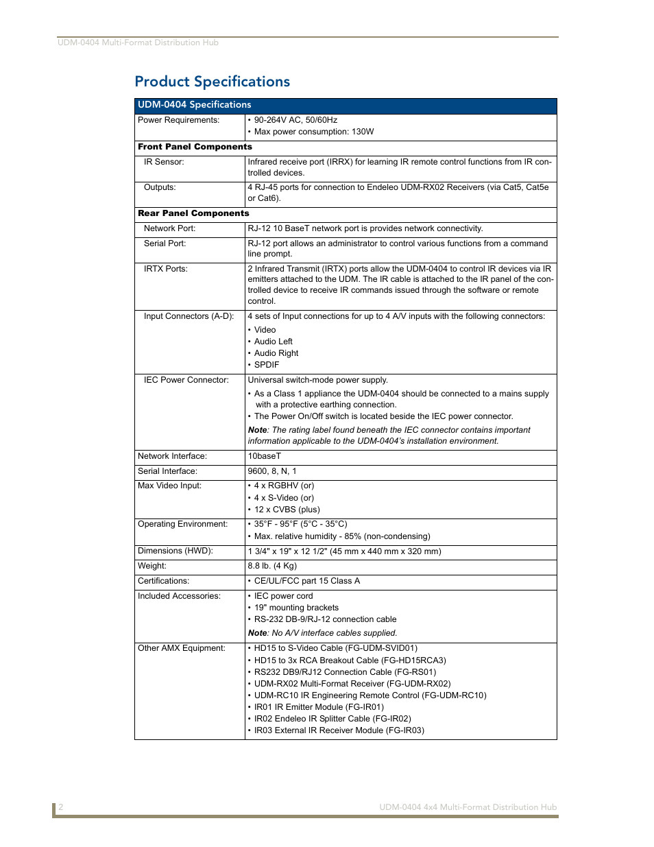 Product specifications | AMX UDM-0404 User Manual | Page 14 / 106