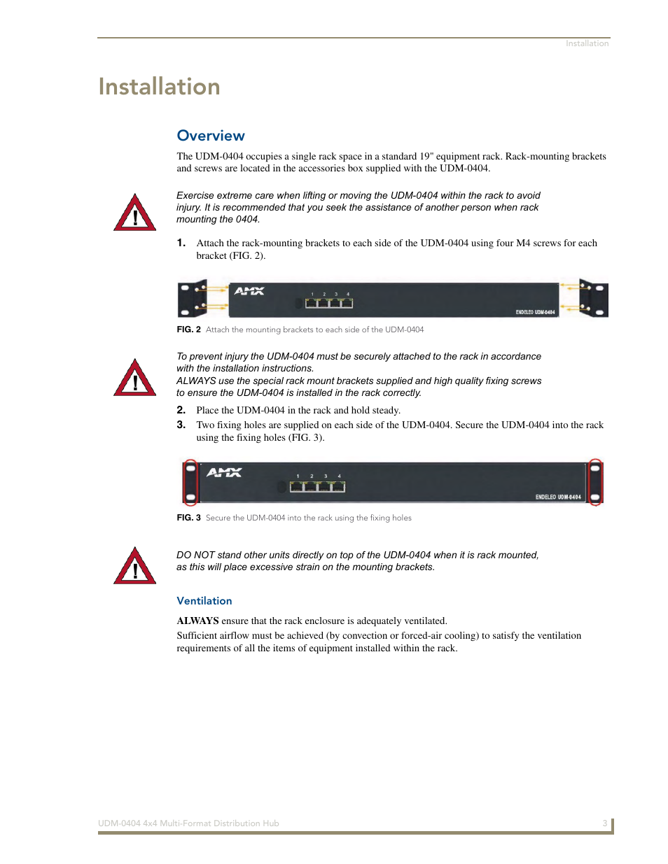 Installation, Overview, Ventilation | AMX UDM-0404 User Manual | Page 15 / 106