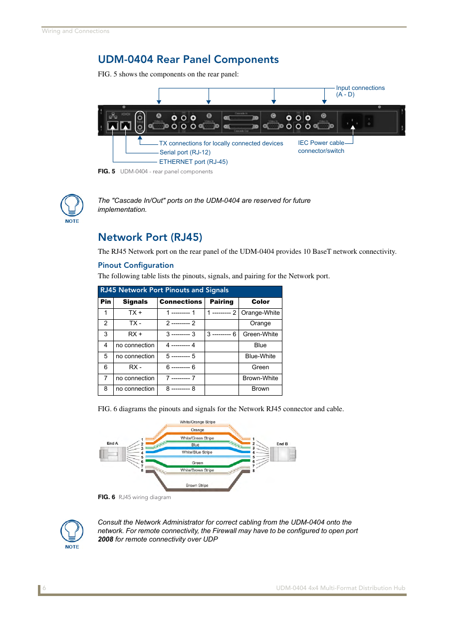 Udm-0404 rear panel components, Network port (rj45), Pinout configuration | AMX UDM-0404 User Manual | Page 18 / 106