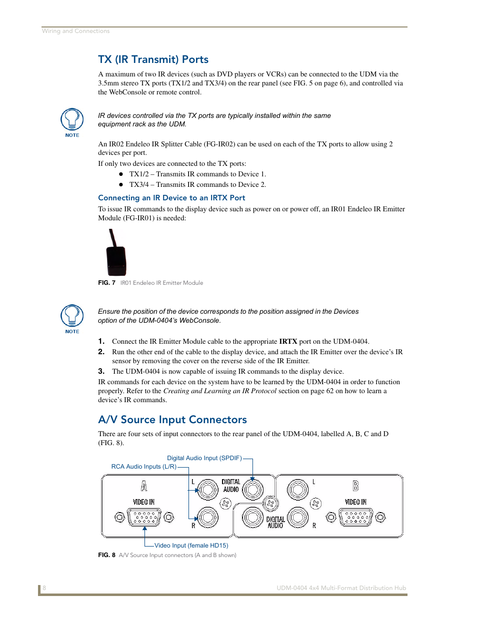 Tx (ir transmit) ports, Connecting an ir device to an irtx port, A/v source input connectors | AMX UDM-0404 User Manual | Page 20 / 106