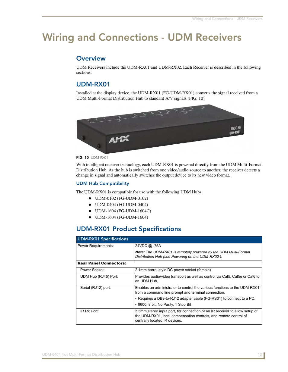 Wiring and connections - udm receivers, Overview, Udm-rx01 | Udm hub compatibility, Udm-rx01 product specifications | AMX UDM-0404 User Manual | Page 25 / 106