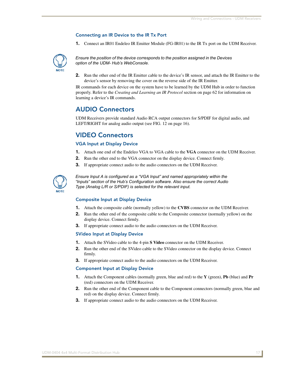 Connecting an ir device to the ir tx port, Audio connectors, Video connectors | Vga input at display device, Composite input at display device, Svideo input at display device, Component input at display device | AMX UDM-0404 User Manual | Page 29 / 106