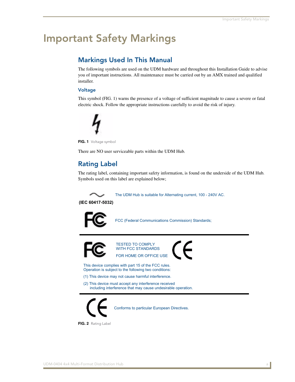 Important safety markings, Markings used in this manual, Voltage | Rating label | AMX UDM-0404 User Manual | Page 3 / 106