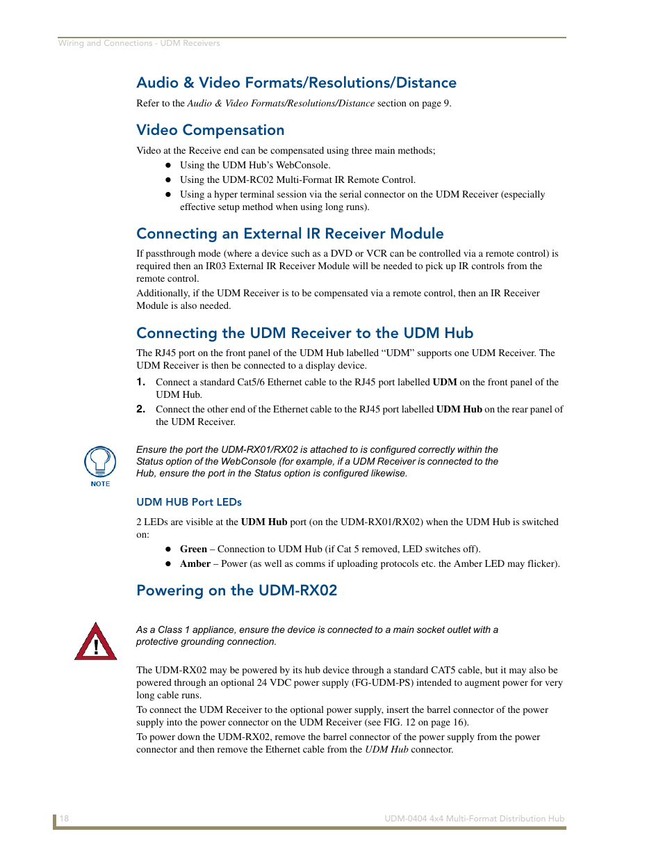 Audio & video formats/resolutions/distance, Video compensation, Connecting an external ir receiver module | Connecting the udm receiver to the udm hub, Udm hub port leds, Powering on the udm-rx02 | AMX UDM-0404 User Manual | Page 30 / 106