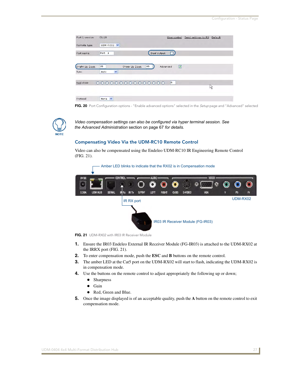 Compensating video via the udm-rc10 remote control, Elds (fig. 20) | AMX UDM-0404 User Manual | Page 39 / 106