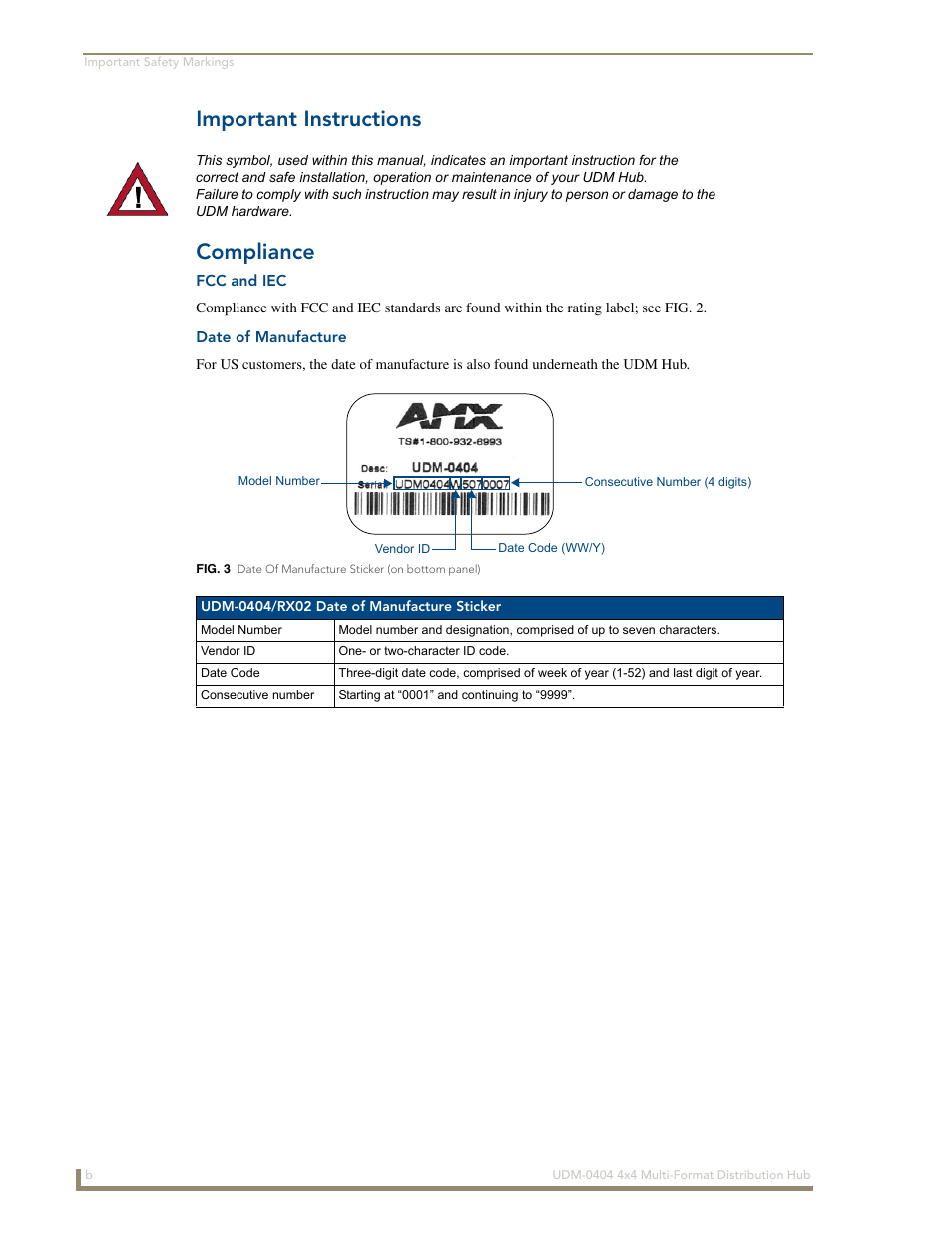 Important instructions, Compliance, Fcc and iec | Date of manufacture, Important instructions compliance | AMX UDM-0404 User Manual | Page 4 / 106