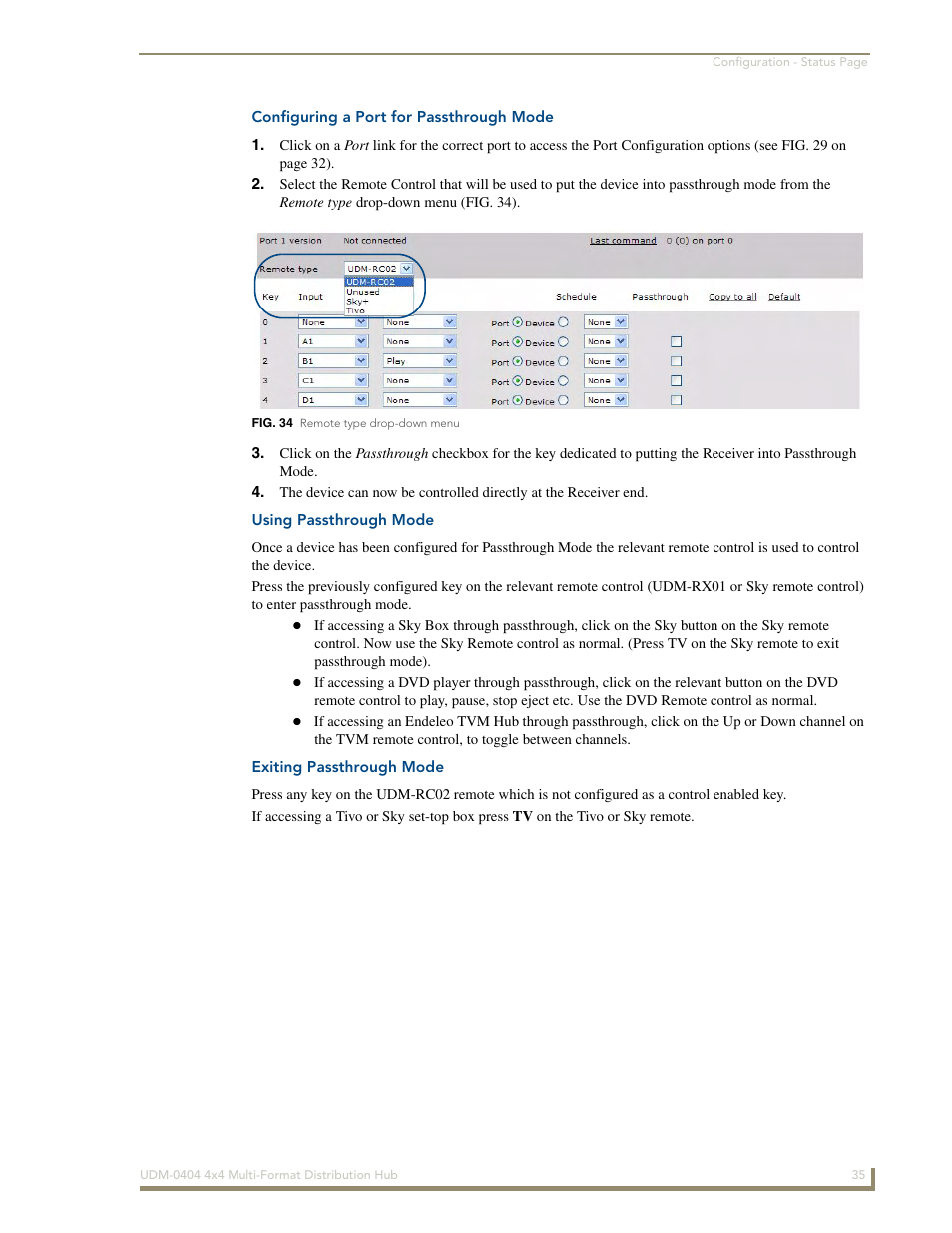 Configuring a port for passthrough mode, Using passthrough mode, Exiting passthrough mode | AMX UDM-0404 User Manual | Page 47 / 106