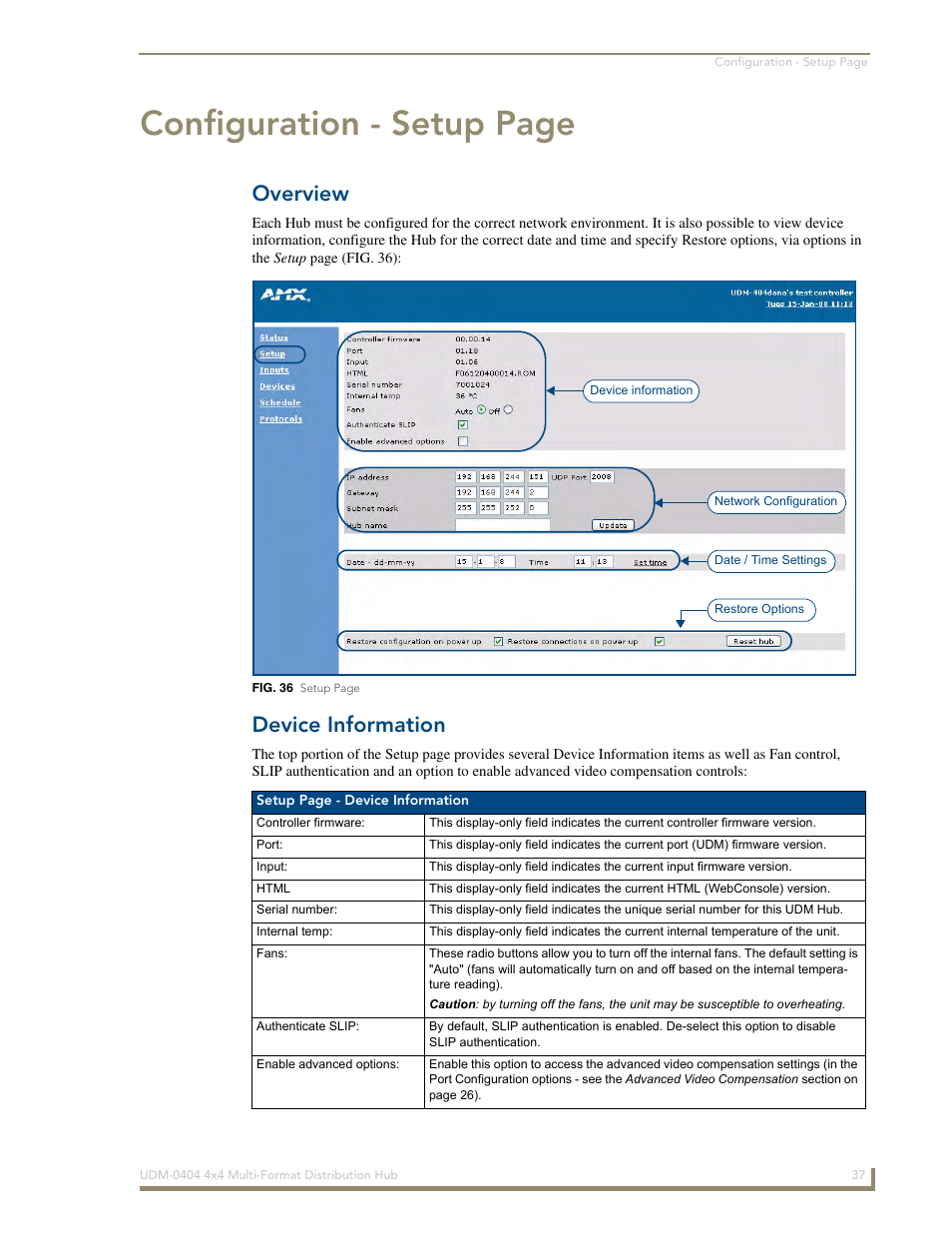 Overview, Device information, Configuration - setup page | AMX UDM-0404 User Manual | Page 49 / 106