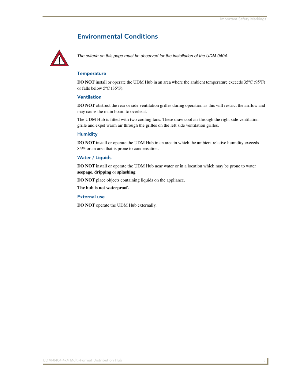 Environmental conditions, Temperature, Ventilation | Humidity, Water / liquids, External use | AMX UDM-0404 User Manual | Page 5 / 106