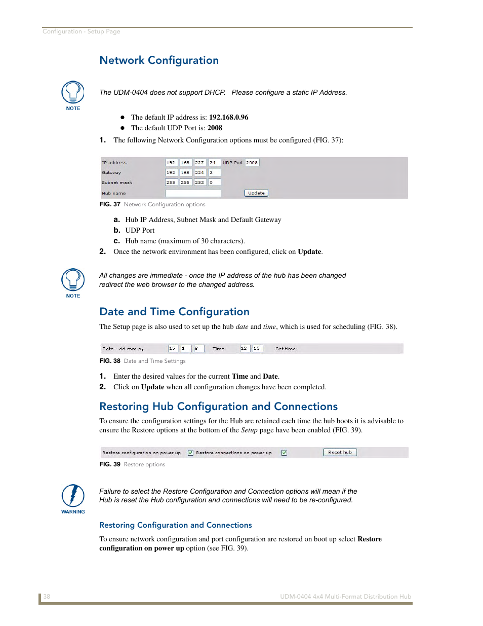 Network configuration, Date and time configuration, Restoring hub configuration and connections | Restoring configuration and connections | AMX UDM-0404 User Manual | Page 50 / 106