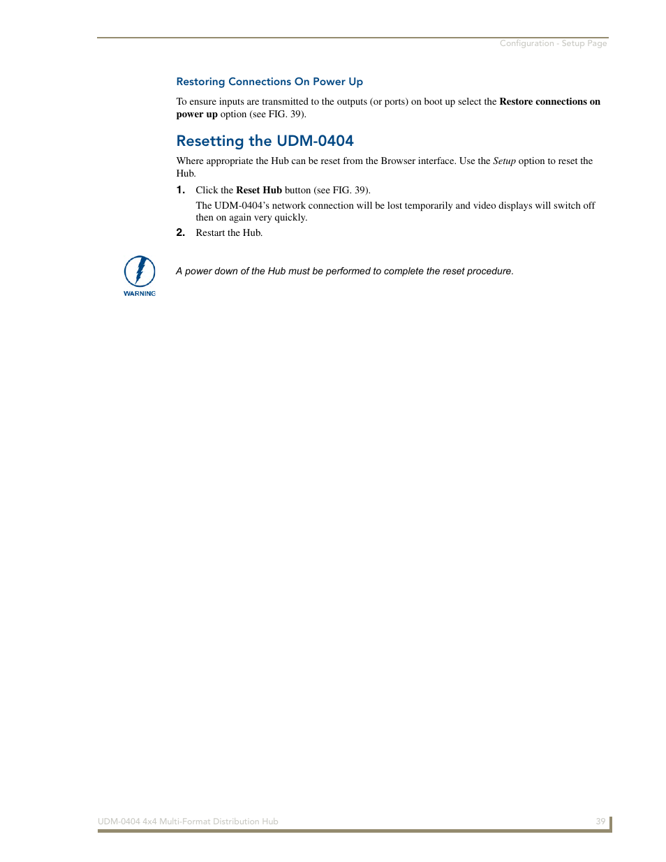 Restoring connections on power up, Resetting the udm-0404 | AMX UDM-0404 User Manual | Page 51 / 106