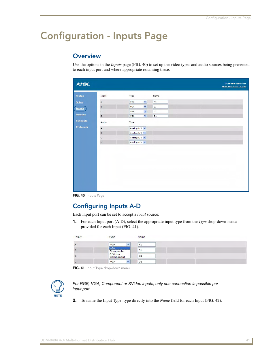 Overview, Configuring inputs a-d, Configuration - inputs page | AMX UDM-0404 User Manual | Page 53 / 106