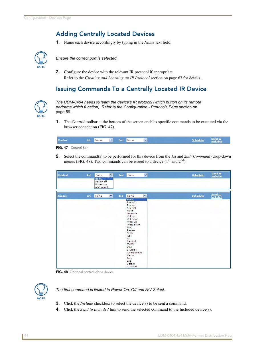 Adding centrally located devices, Issuing commands to a centrally located ir device | AMX UDM-0404 User Manual | Page 56 / 106