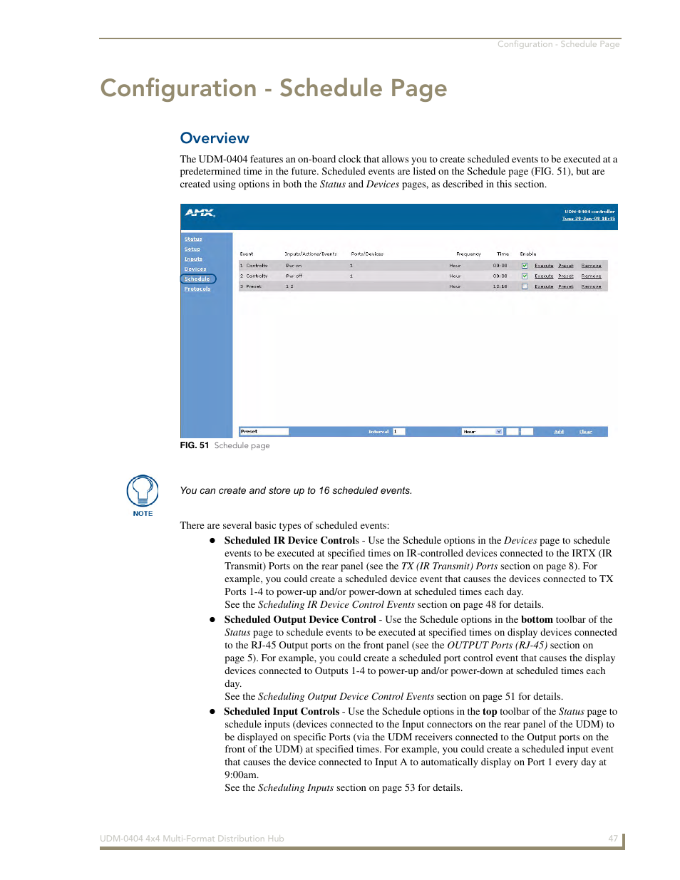 Overview, Configuration - schedule page | AMX UDM-0404 User Manual | Page 59 / 106