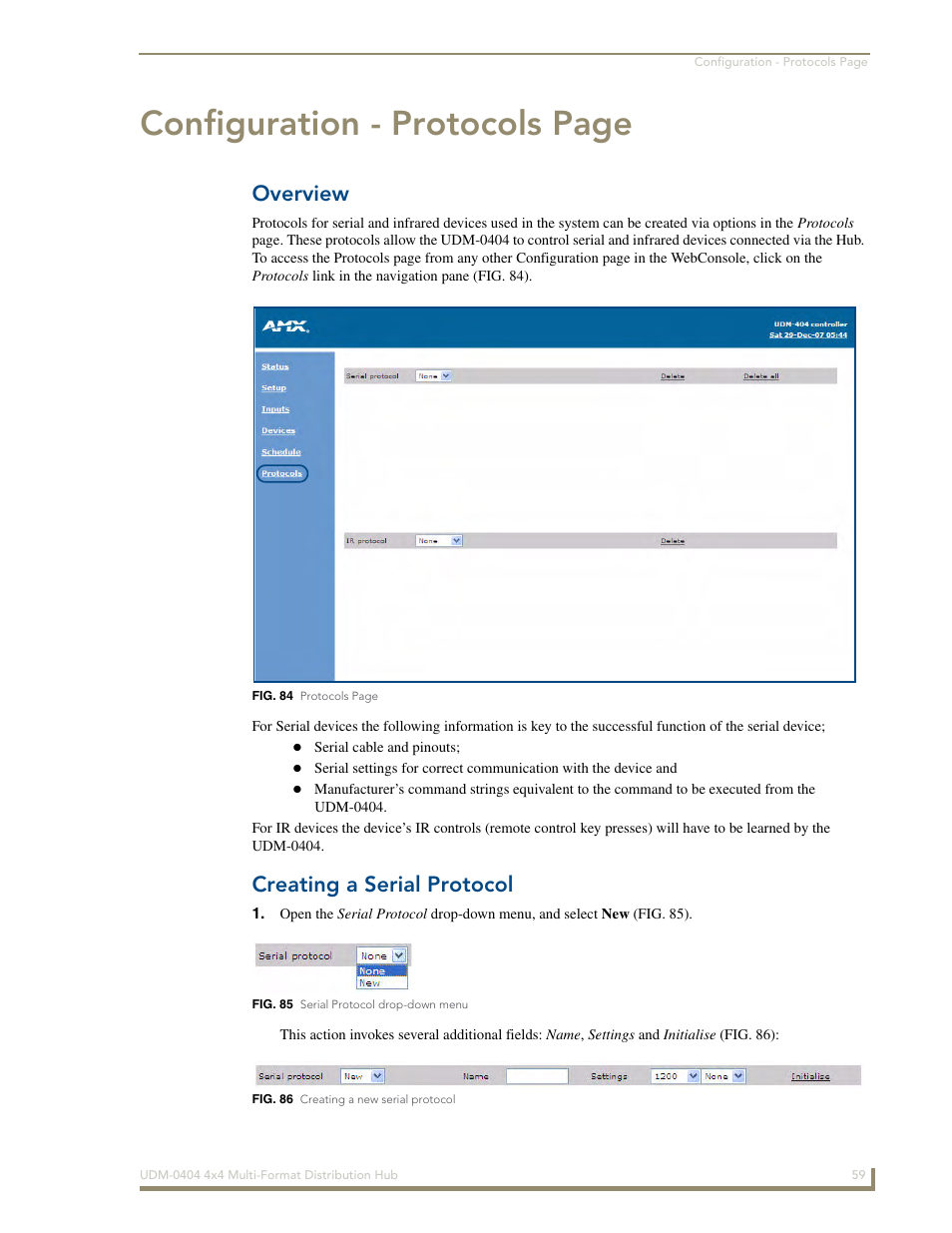 Overview, Creating a serial protocol, Configuration - protocols page | AMX UDM-0404 User Manual | Page 71 / 106