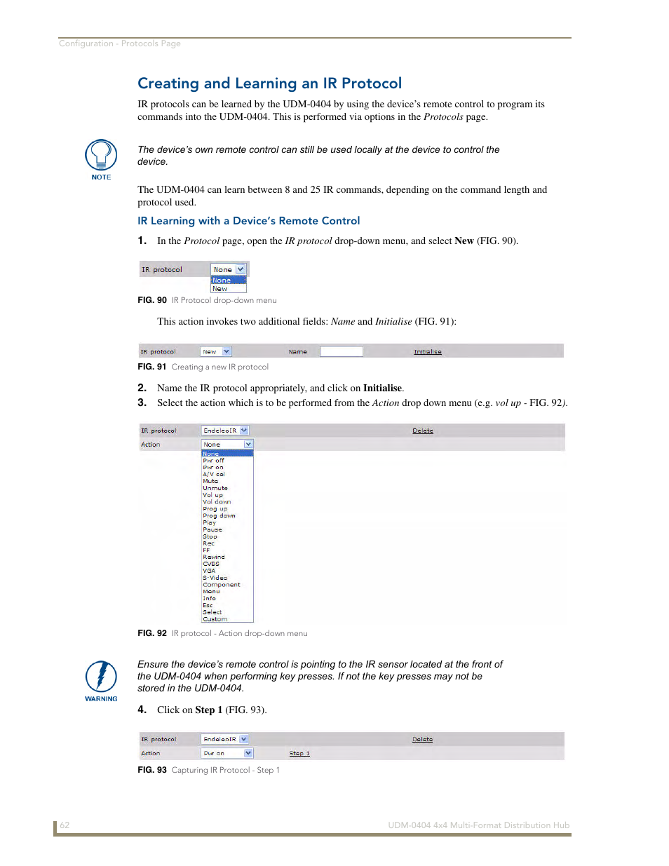 Creating and learning an ir protocol, Ir learning with a device’s remote control | AMX UDM-0404 User Manual | Page 74 / 106