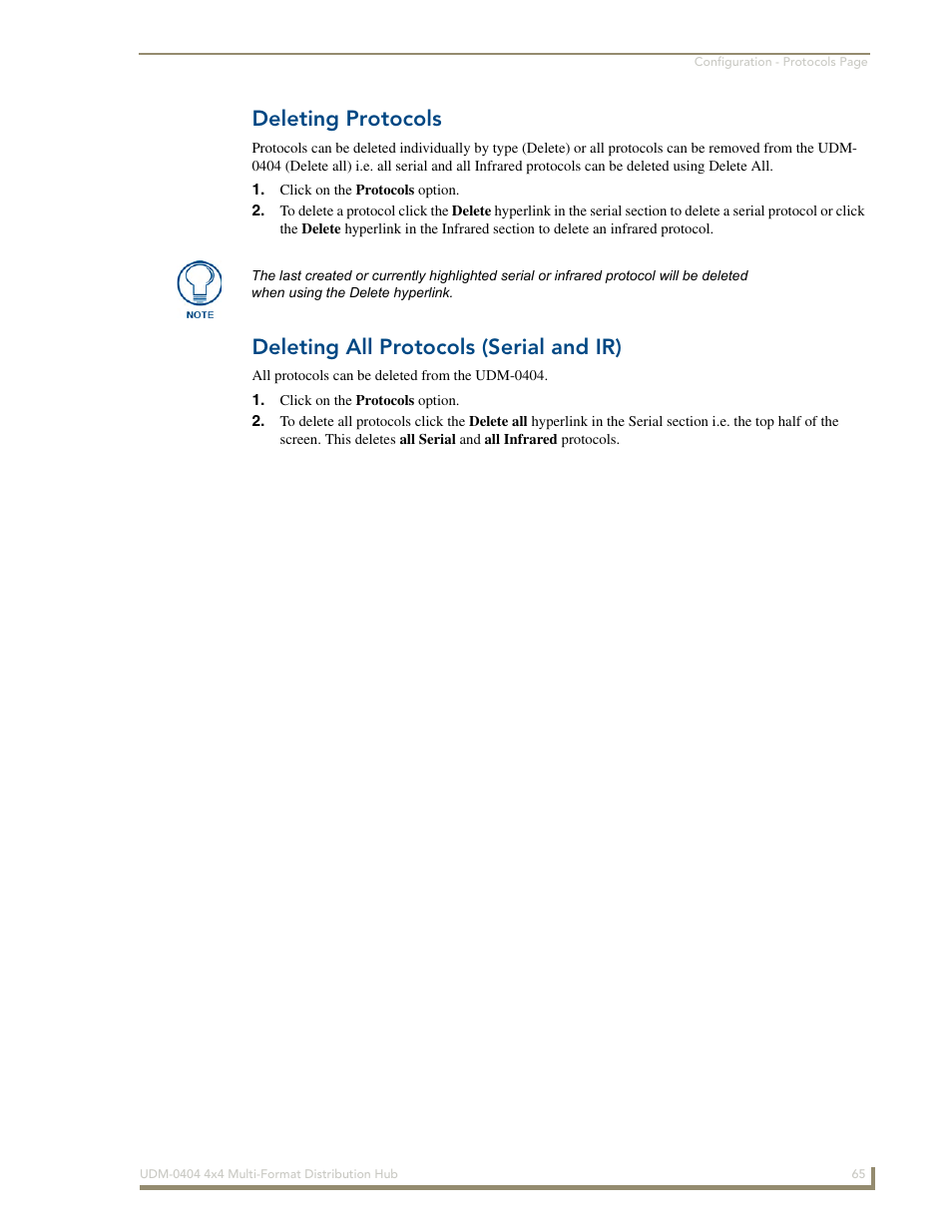 Deleting protocols, Deleting all protocols (serial and ir) | AMX UDM-0404 User Manual | Page 77 / 106