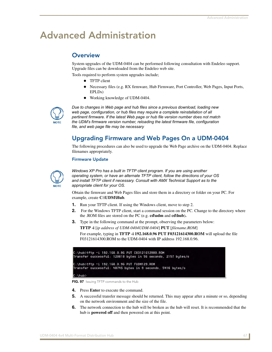 Advanced administration, Overview, Firmware update | Upgrading firmware and web pages on a udm-0404 | AMX UDM-0404 User Manual | Page 79 / 106