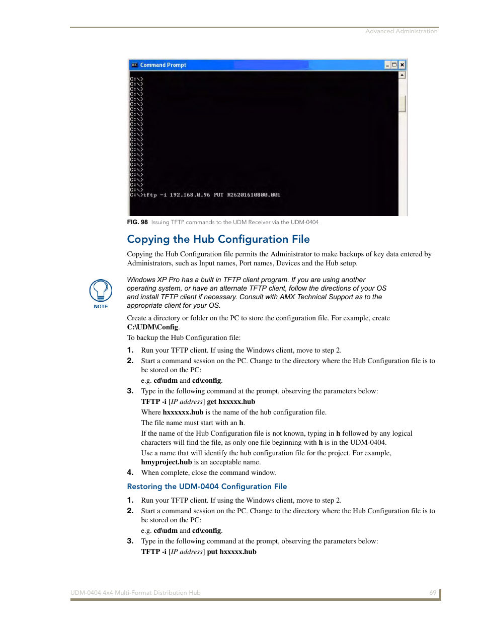Copying the hub configuration file, Restoring the udm-0404 configuration file | AMX UDM-0404 User Manual | Page 81 / 106