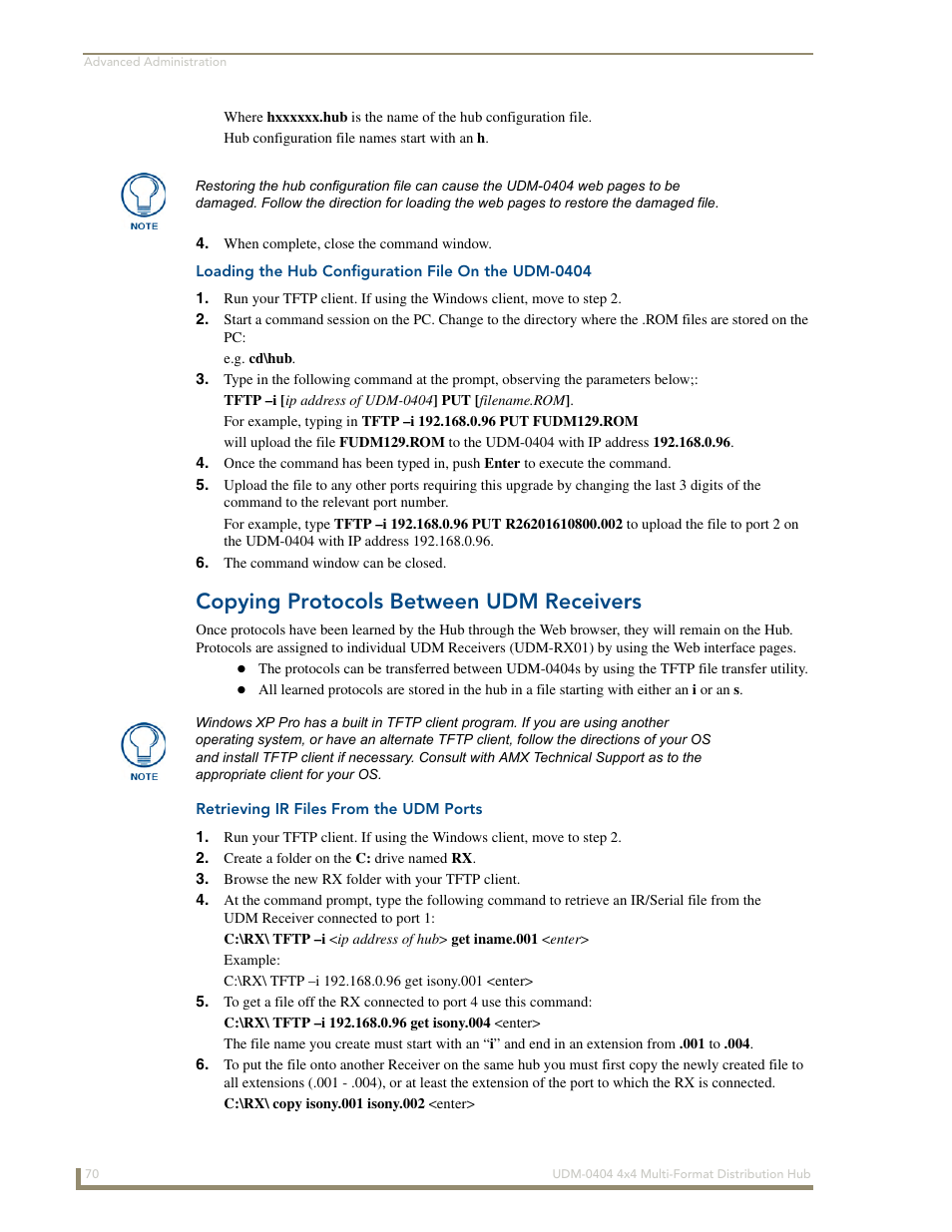 Loading the hub configuration file on the udm-0404, Copying protocols between udm receivers, Retrieving ir files from the udm ports | AMX UDM-0404 User Manual | Page 82 / 106