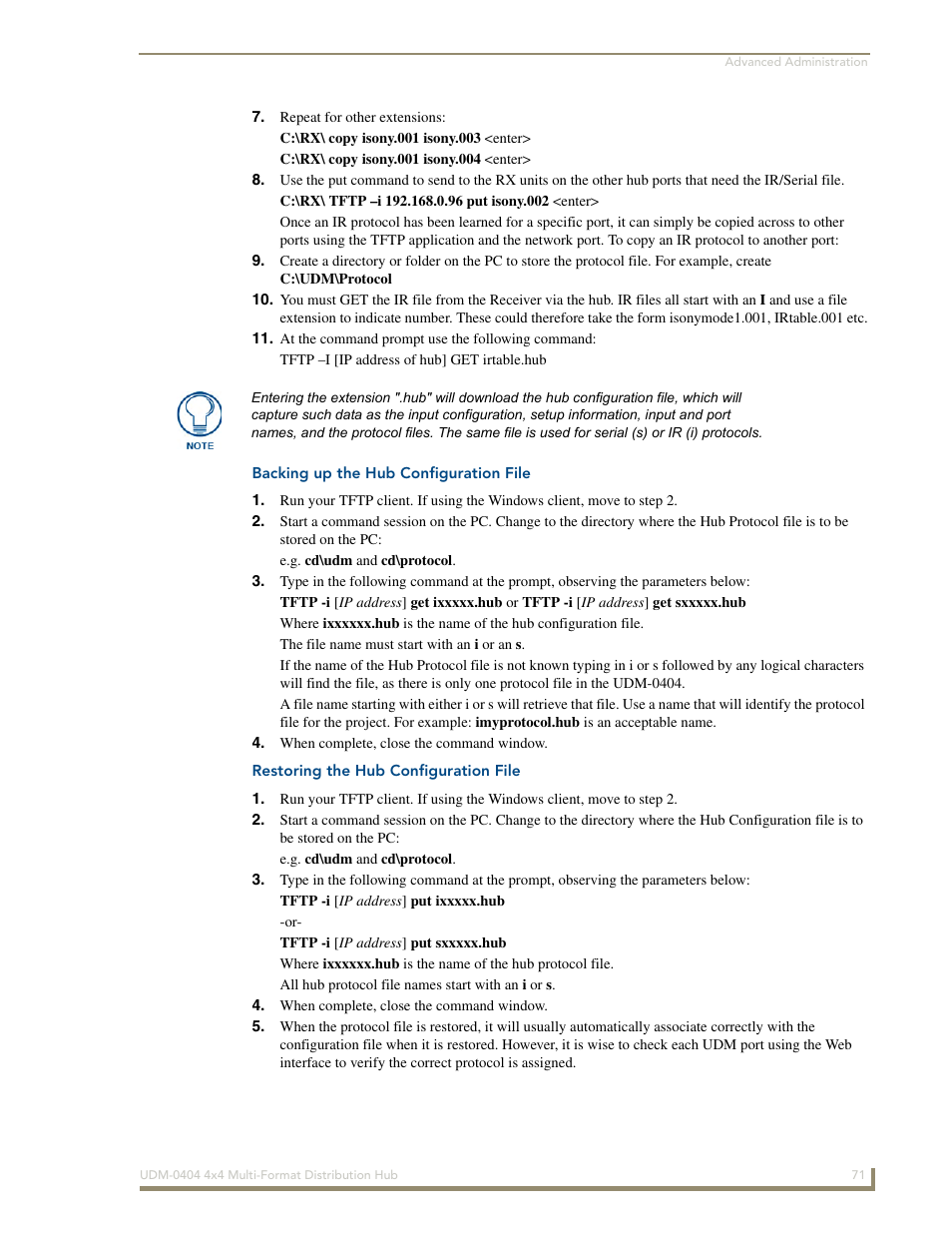 Backing up the hub configuration file, Restoring the hub configuration file | AMX UDM-0404 User Manual | Page 83 / 106