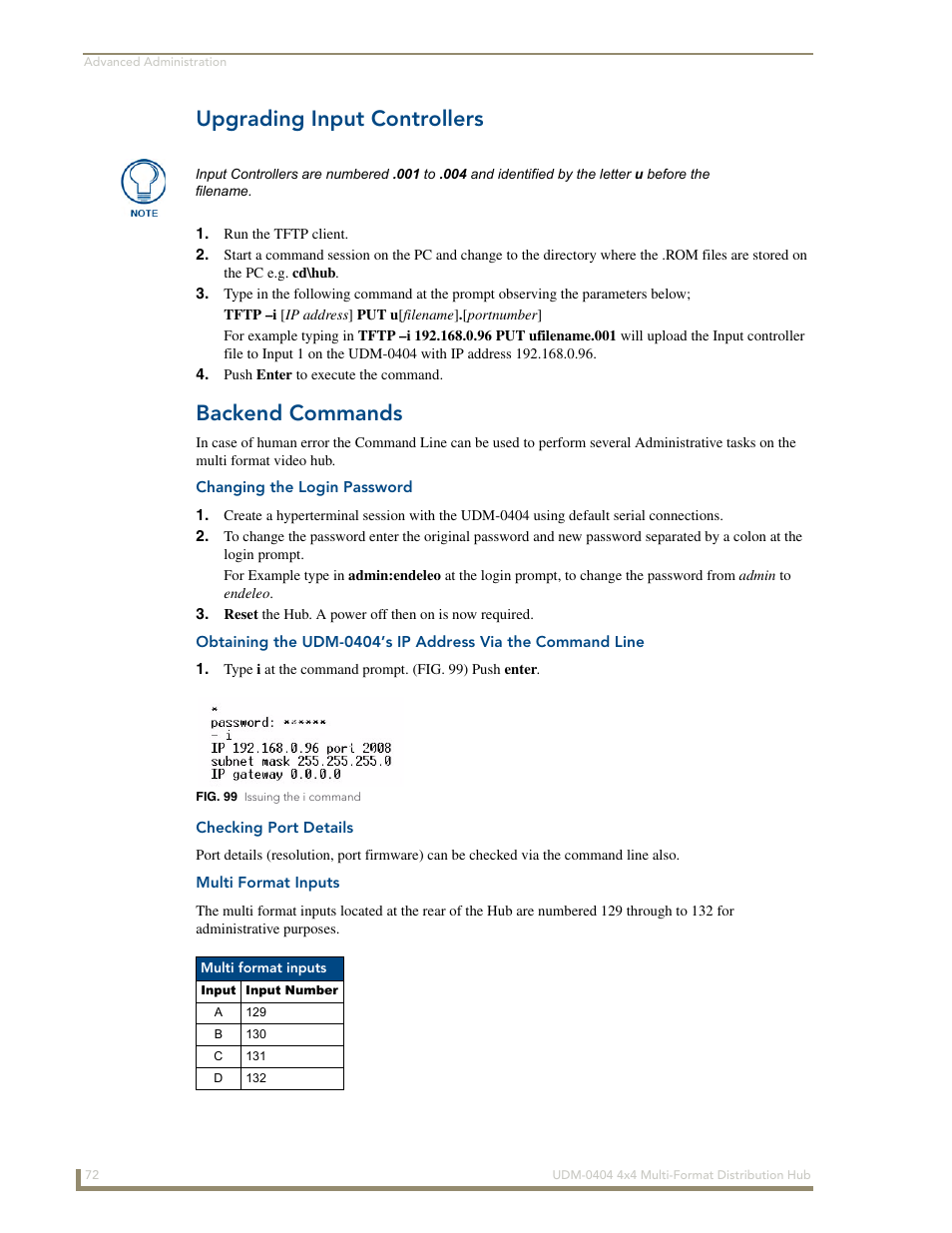Upgrading input controllers, Backend commands, Changing the login password | Checking port details, Multi format inputs | AMX UDM-0404 User Manual | Page 84 / 106