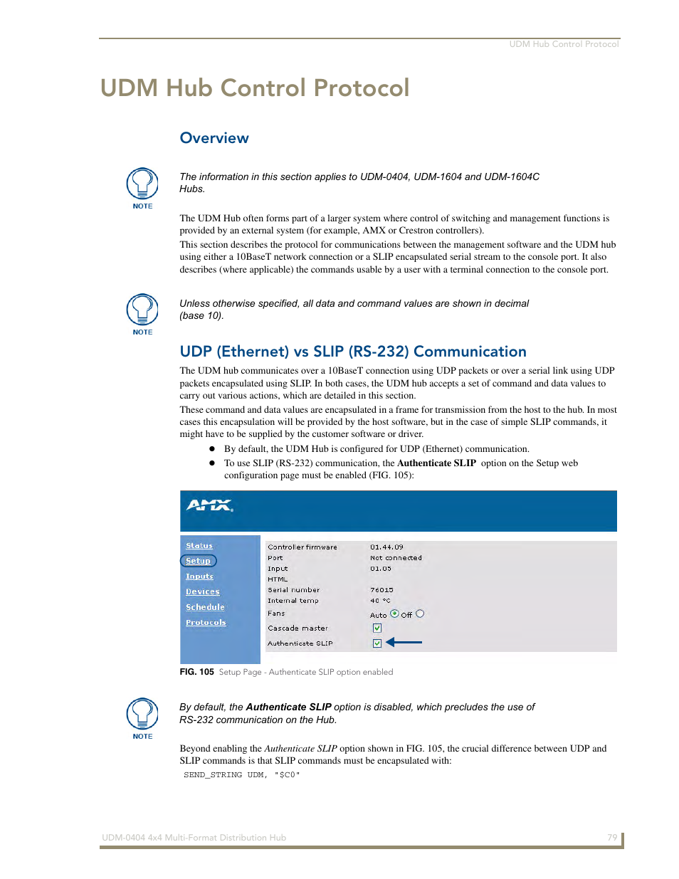 Udm hub control protocol, Overview, Udp (ethernet) vs slip (rs-232) communication | AMX UDM-0404 User Manual | Page 91 / 106