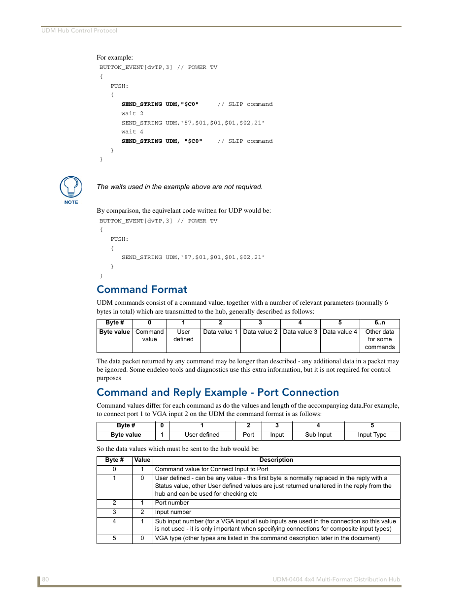 Command format, Command and reply example - port connection | AMX UDM-0404 User Manual | Page 92 / 106