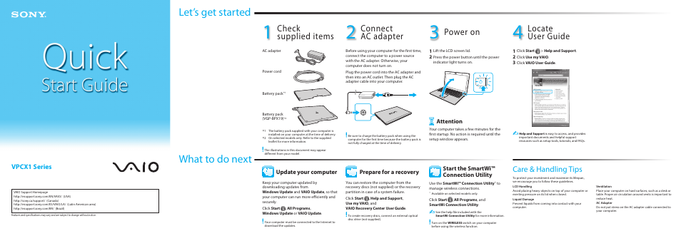Let’s get started, What to do next, Check supplied items | Connect ac adapter, Power on, Locate user guide, Care & handling tips, Vpcx1 series | Sony VPCX111KX User Manual | Page 2 / 2