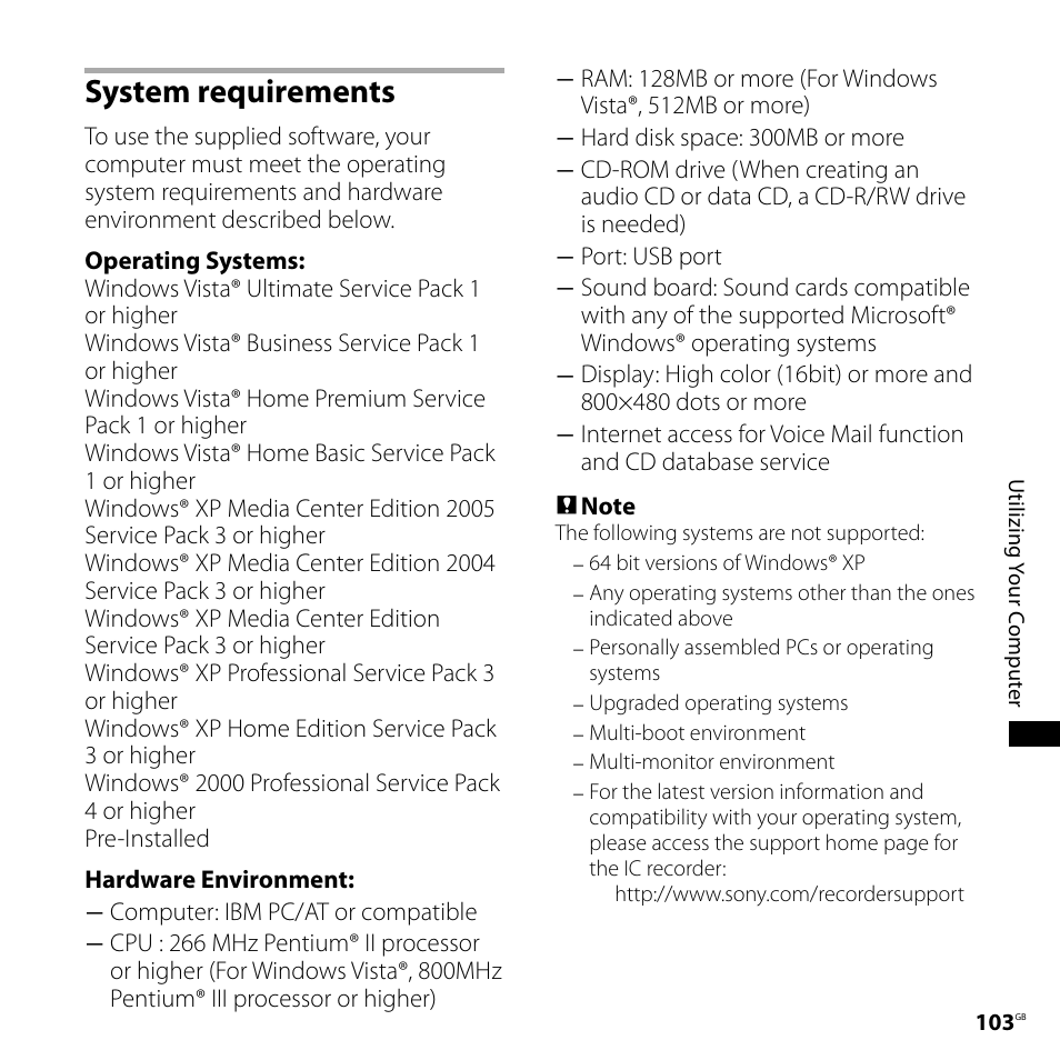 System requirements | Sony ICD-SX750 User Manual | Page 103 / 136