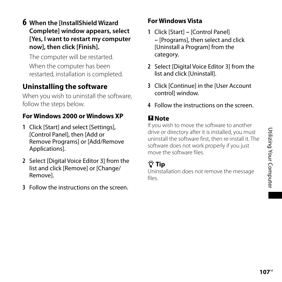 Uninstalling the software | Sony ICD-SX750 User Manual | Page 107 / 136