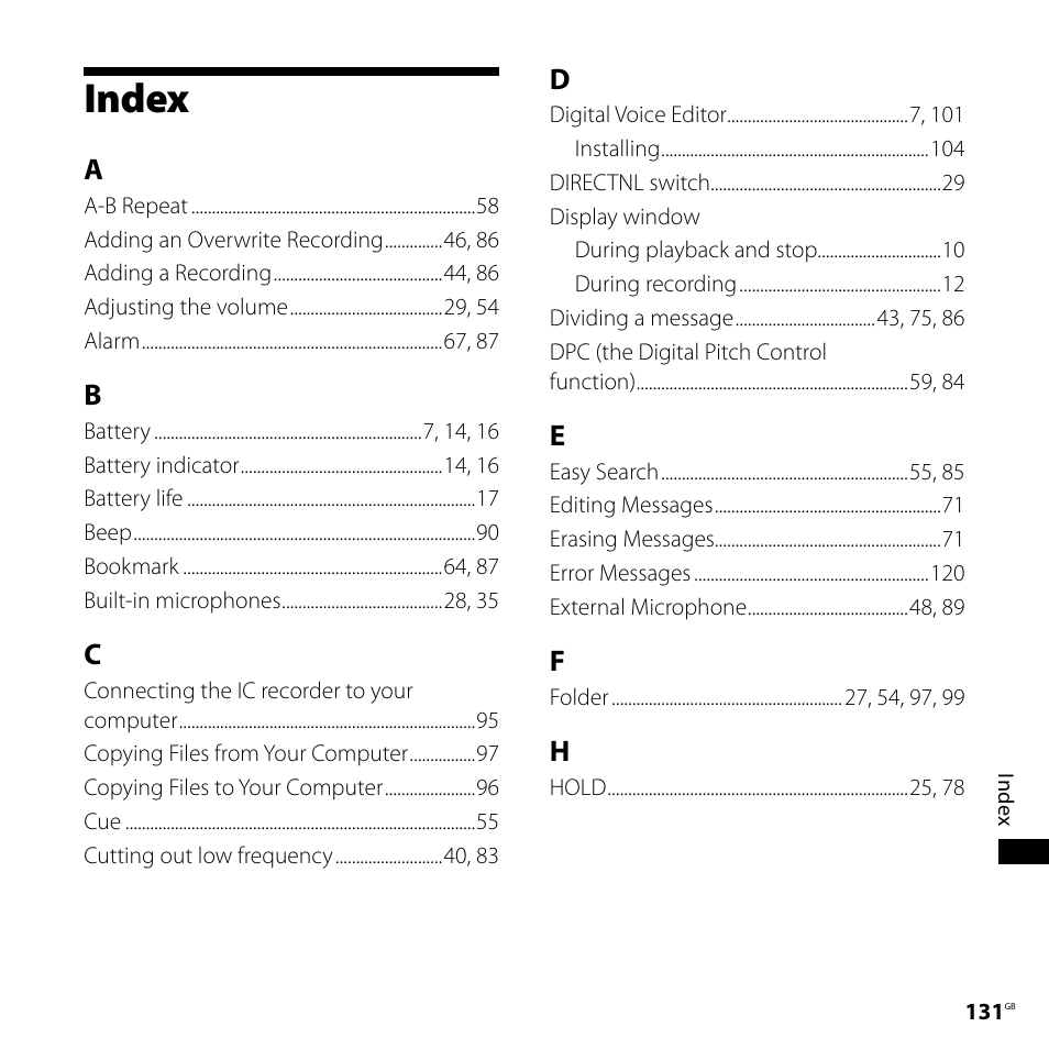 Index | Sony ICD-SX750 User Manual | Page 131 / 136