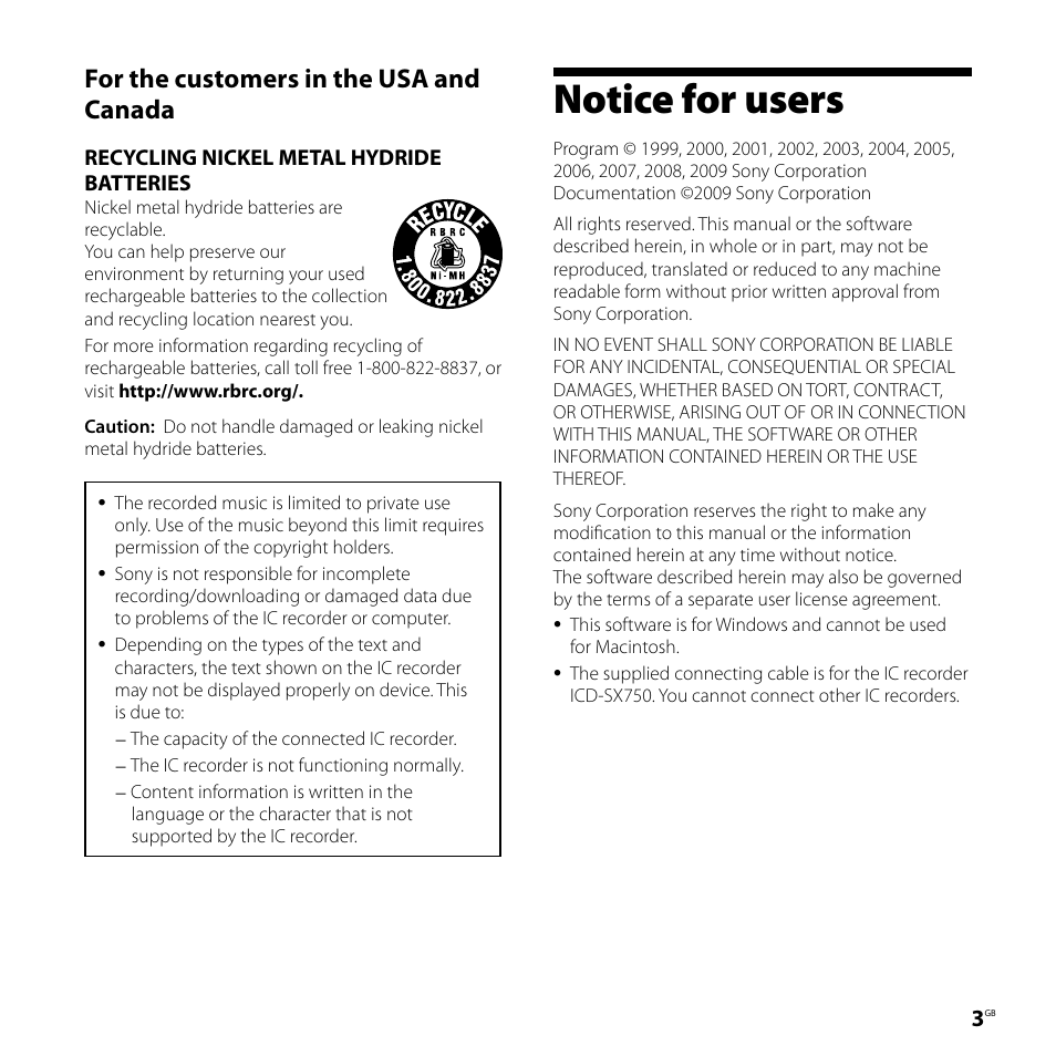 Notice for users, For the customers in the usa and canada | Sony ICD-SX750 User Manual | Page 3 / 136