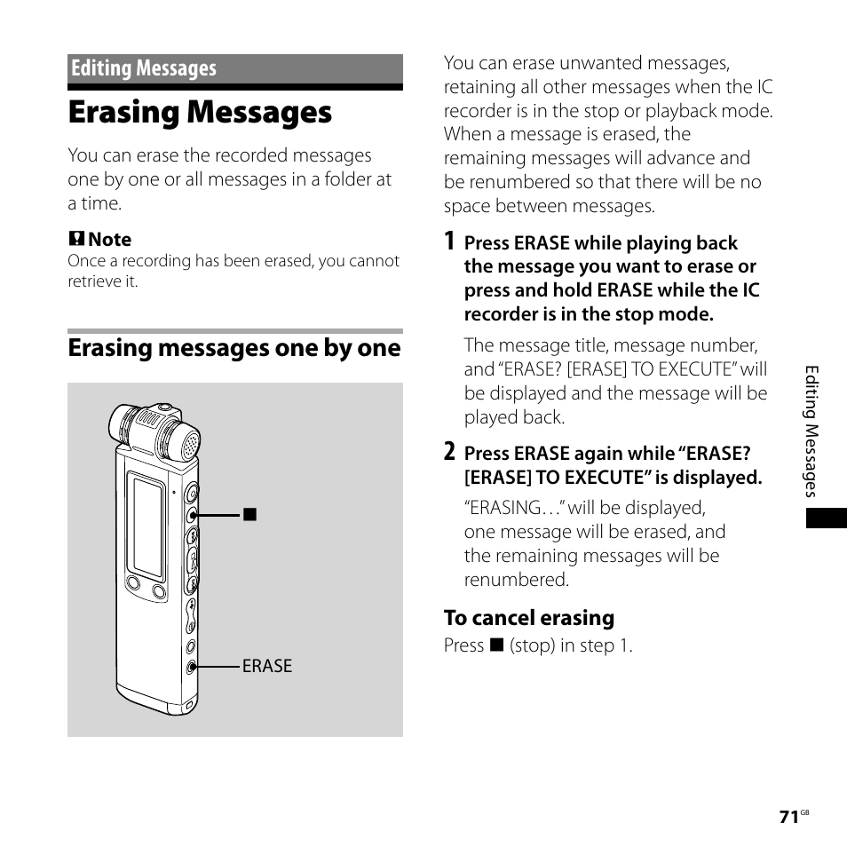 Editing messages, Erasing messages, Erasing messages one by one | Sony ICD-SX750 User Manual | Page 71 / 136