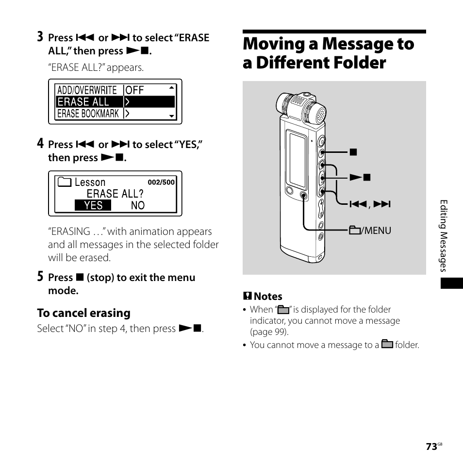 Moving a message to a different folder, Moving a message to a different, Folder | Sony ICD-SX750 User Manual | Page 73 / 136