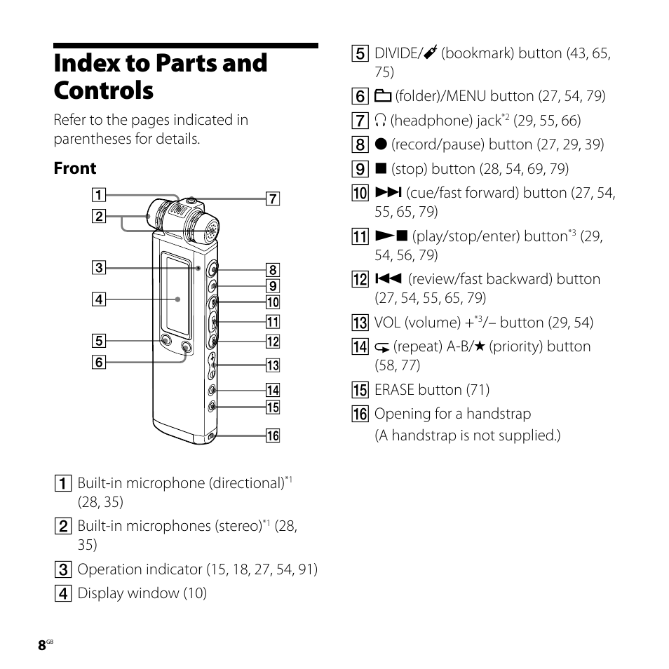 Index to parts and controls, Front | Sony ICD-SX750 User Manual | Page 8 / 136