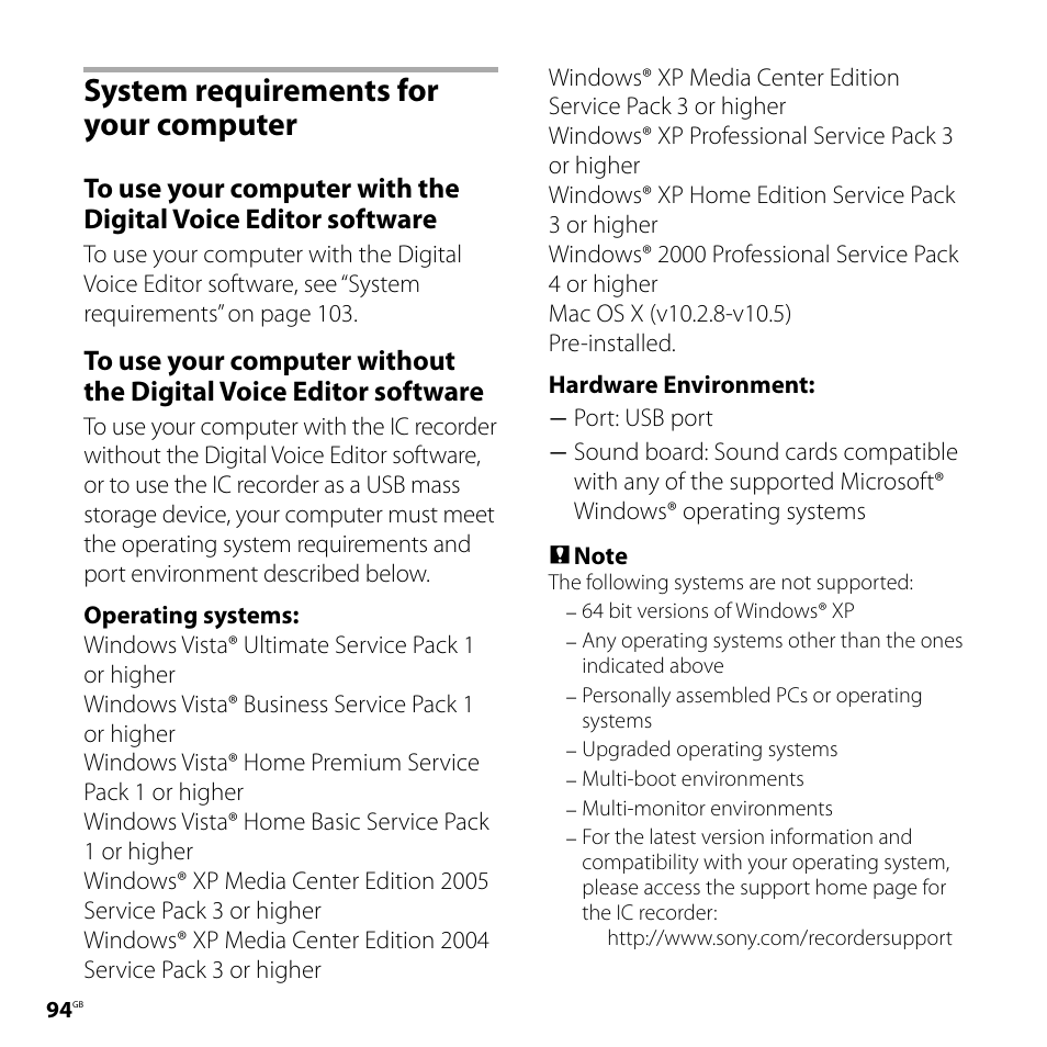 System requirements for your computer, System requirements for your, Computer | Sony ICD-SX750 User Manual | Page 94 / 136