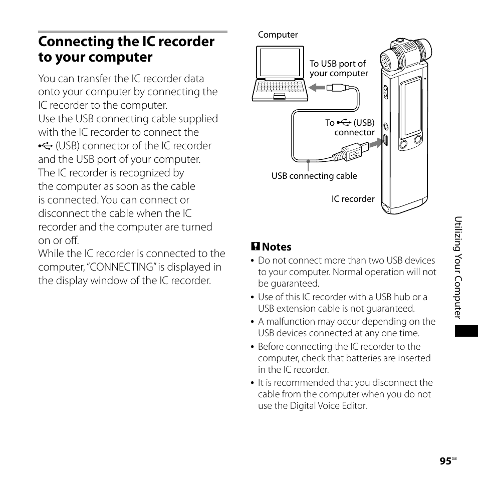 Connecting the ic recorder to your computer, Connecting the ic recorder to your, Computer | Sony ICD-SX750 User Manual | Page 95 / 136