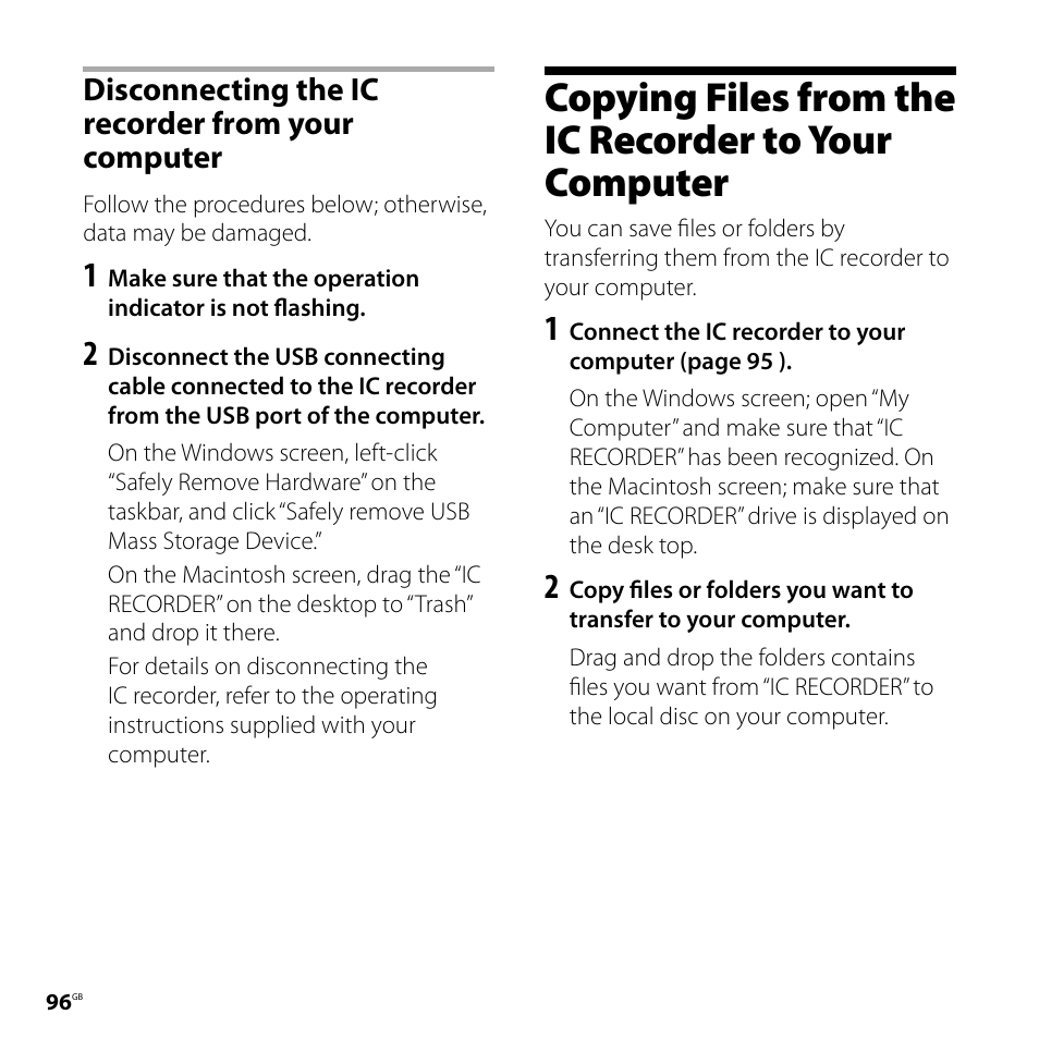 Disconnecting the ic recorder from your computer, Disconnecting the ic recorder from, Your computer | Copying files from the ic recorder to | Sony ICD-SX750 User Manual | Page 96 / 136